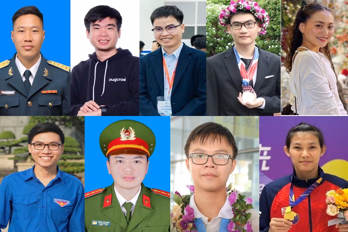 Chân dung 9 gương mặt trẻ Việt Nam triển vọng năm 2023 (từ trái qua): Đại uý Lê Văn Tùng; Nguyễn Tuấn Anh; TS Phạm Huy Hiệu; Nguyễn Tuấn Phong; Lô Ngọc Thuý; Lê Văn Phúc; Đại uý Trương Thế Quyền; Phạm Việt Hưng; Trần Thị Ngọc Yến