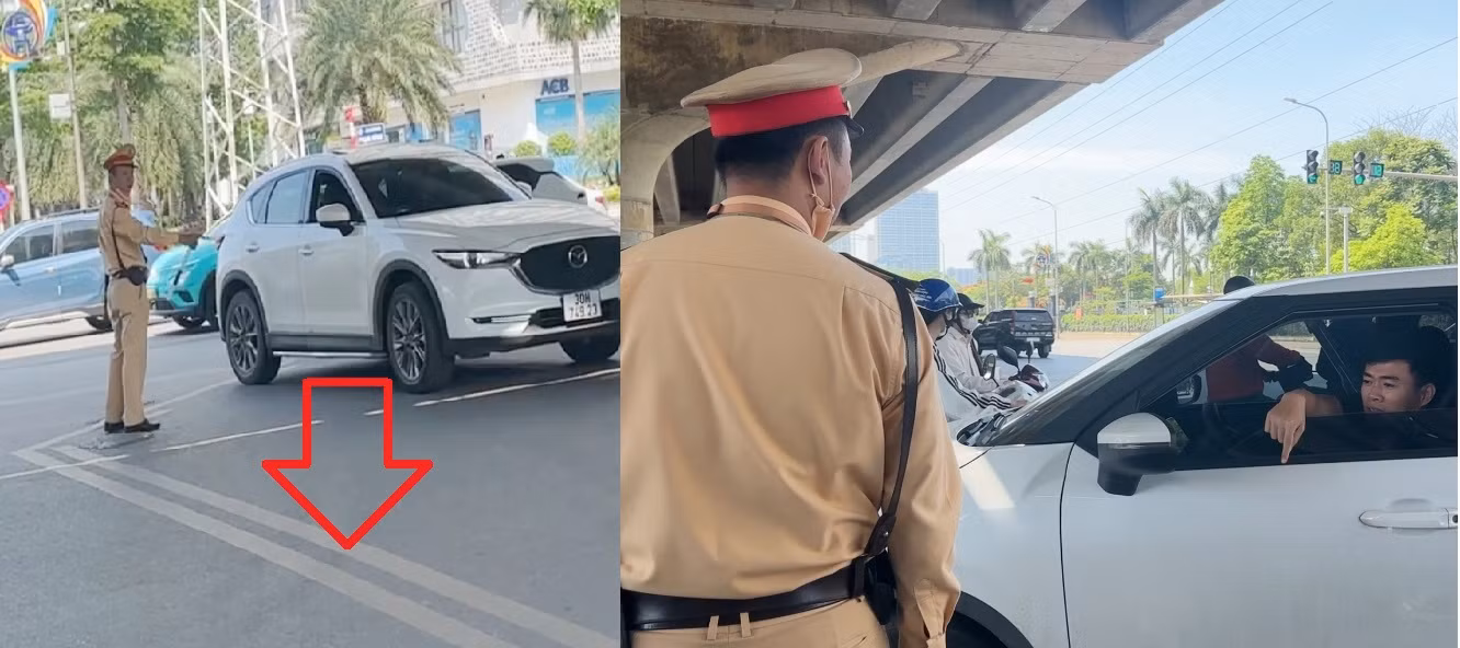 Tuy nhiên, nhiều lái xe phản ánh họ đang gặp phải khó khăn khi qua nút, đó là các vạch chia làn xe tại trung tâm nút đều là vạch liền (mũi tên ảnh trái), nếu giờ cao điểm xe đông nhiều xe sẽ phải đứng ngoài vạch, thậm chí đè vạch sơn để chờ đèn đỏ, việc này theo quy định họ sẽ bị xử phạt nặng lỗi dừng không đúng làn, hoặc xe đè vạch. Trong ảnh: Sáng 13/5, một lái xe khi qua nút giao đã phải hạ kính xe xuống phản ánh trực tiếp bất cập này với CSGT, lái xe cho rằng tại đây chỉ nên kẻ vạch đứt để tạo cơ động trong di chuyển nếu ùn tắc xảy ra.