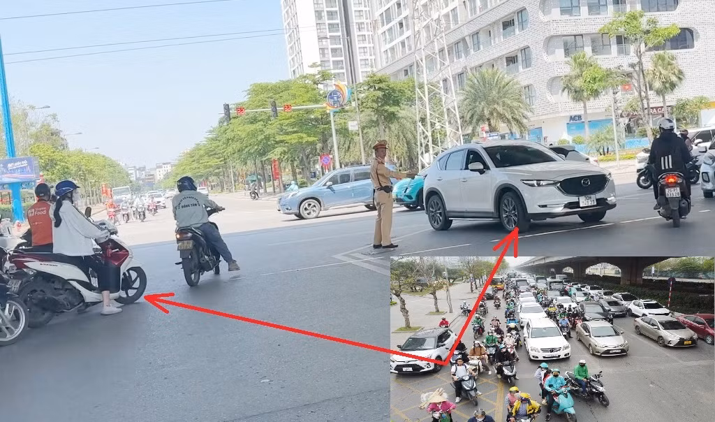 Theo phương án tổ chức giao thông mới vừa được liên ngành Công an - Xây dựng thống nhất, thay vì xe dừng trên đường Phạm Hùng (ảnh nhỏ), từ nay ô tô, xe máy được di chuyển vào trung tâm nút giao (gầm đường trên cao Vành đai 3 - mũi tên) để chờ đèn đỏ.