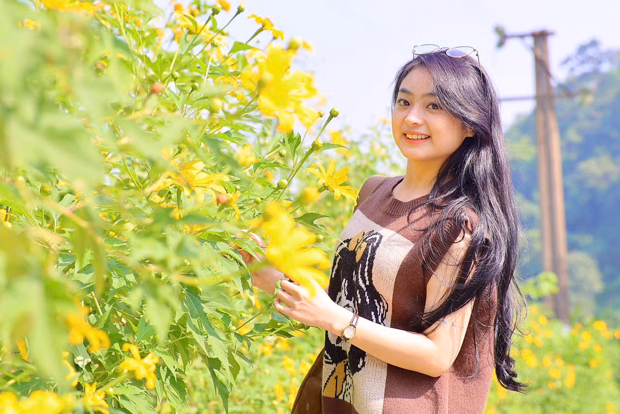Nhóm bạn Đức Lan, Đức Huệ ở quận Hà Đông đã dậy từ 6h sáng, chạy xe máy vượt gần 60 km lên vườn để ngắm hoa, chụp ảnh. Lan chia sẻ: "Hằng năm cứ đến mùa hoa dã quỳ nở là chúng mình lại rủ nhau đến đây săn ảnh. Hoa dã quỳ nở rất đẹp, cùng không khí trong lành nơi đây đã giúp mình được thư thái rất nhiều".