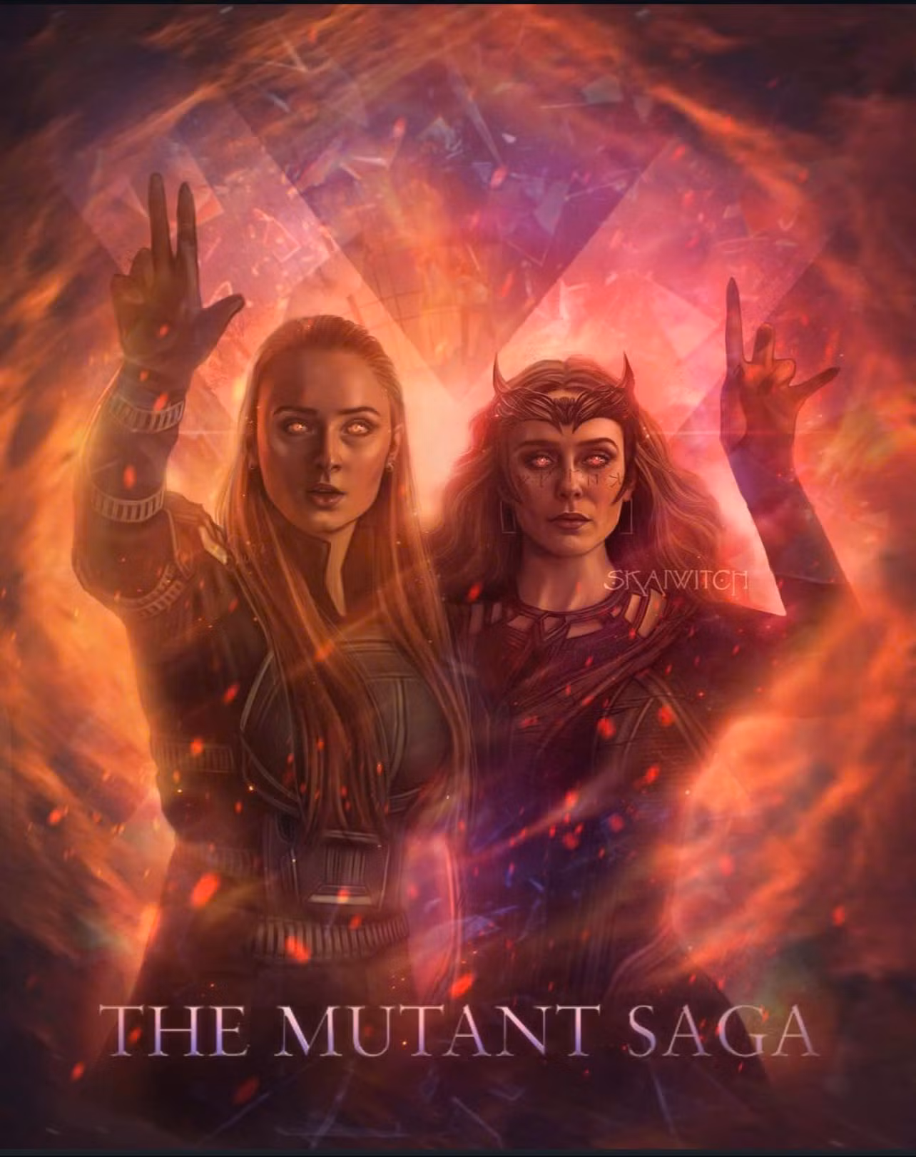 Viễn cảnh Jean Grey (trái) song hành cùng Scarlet Witch do người hâm mộ vẽ. Ảnh: @skaiwitch