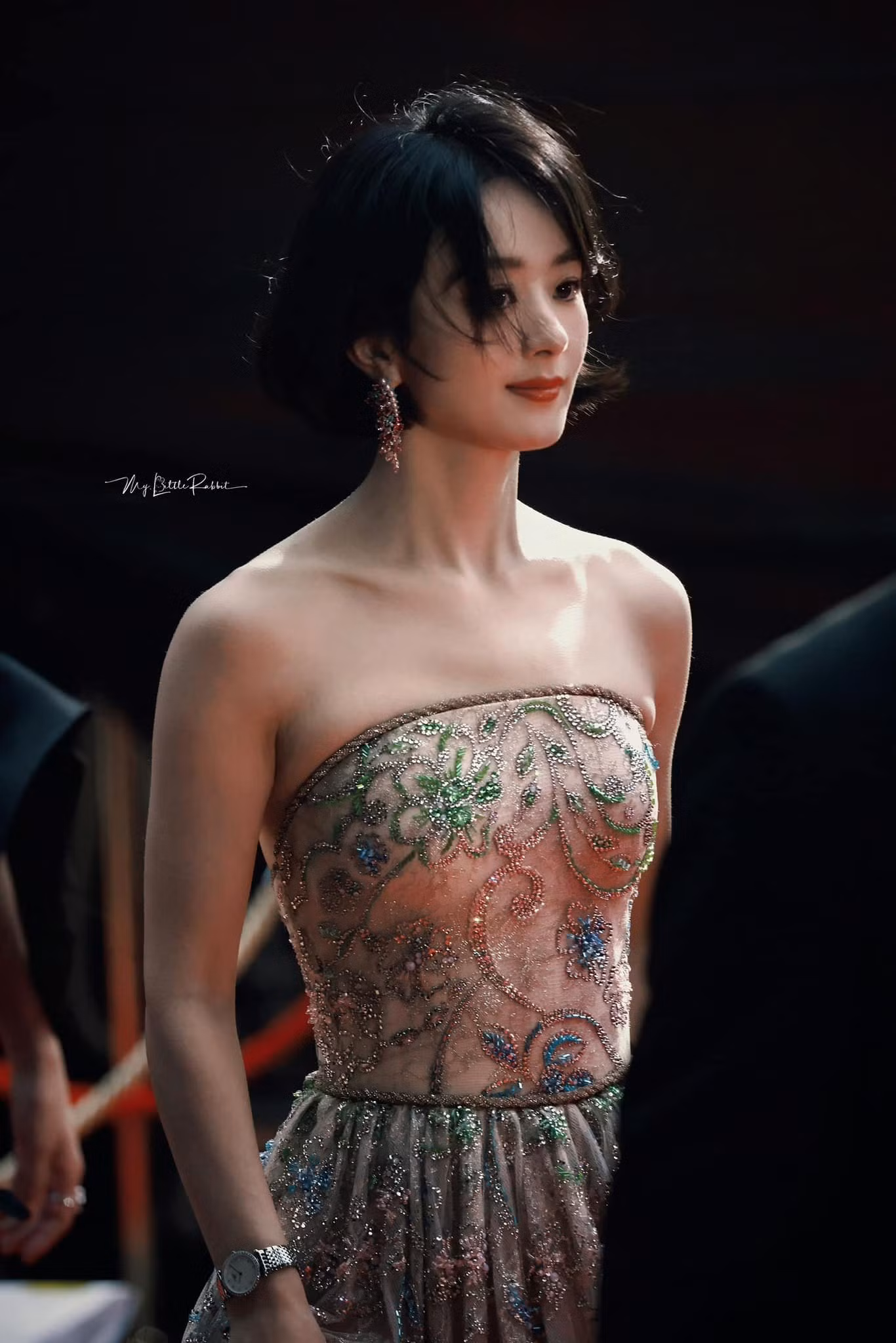 Triệu Lệ Dĩnh diện bộ đầm đính cườm nằm trong BST Haute Couture Xuân Hè 2024 của Armani Privé, đeo trang sức cao cấp đến từ thương hiệu Tasaki của Nhật Bản. Ảnh: Weibo.