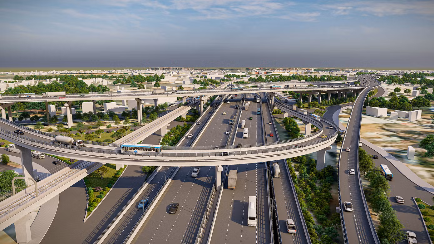 Tuyến Vành đai 3 TPHCM (giai đoạn 1) dự kiến hoàn thành năm 2026. Công trình được kỳ vọng tạo liên kết vùng, thúc đẩy phát triển kinh tế, xã hội vùng kinh tế trọng điểm phía Nam. Ảnh: Phối cảnh một nút giao thông trên đường Vành đai 3 TPHCM