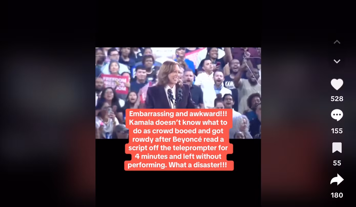 Khán giả gọi cuộc mít tinh của bà Harris là thảm họa vì không được nghe Beyoncé hát. Ảnh cắt từ TikTok.