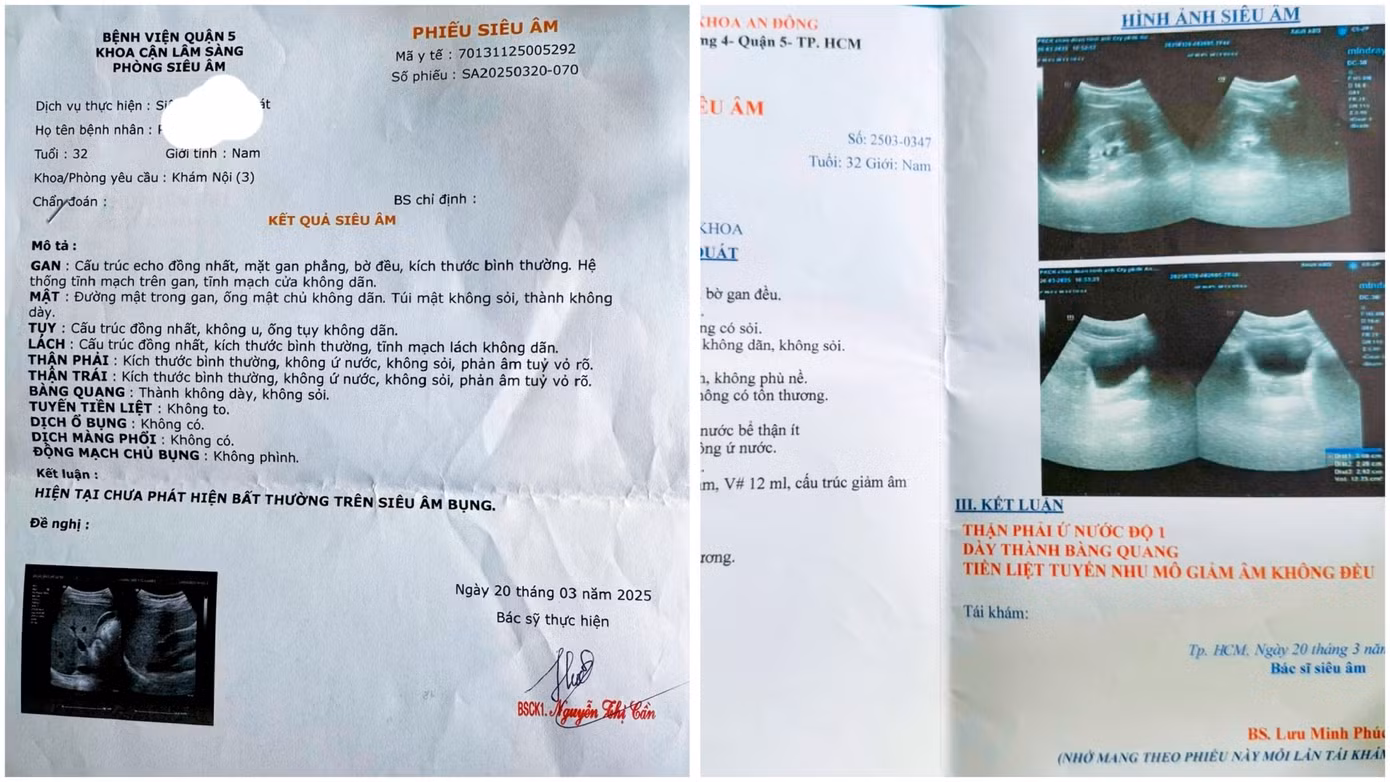 Bệnh viện quận 5 kết luận bệnh nhân Phan N. H. siêu âm bụng vào ngày 20/3 có các chỉ số bình thường nhưng cùng ngày Phòng khám đa khoa An Đông lại cho ra kết quả ngược lại “thận ứ nước, thành dày bàng quang và tiền liệt tuyến giảm âm không đều”.
