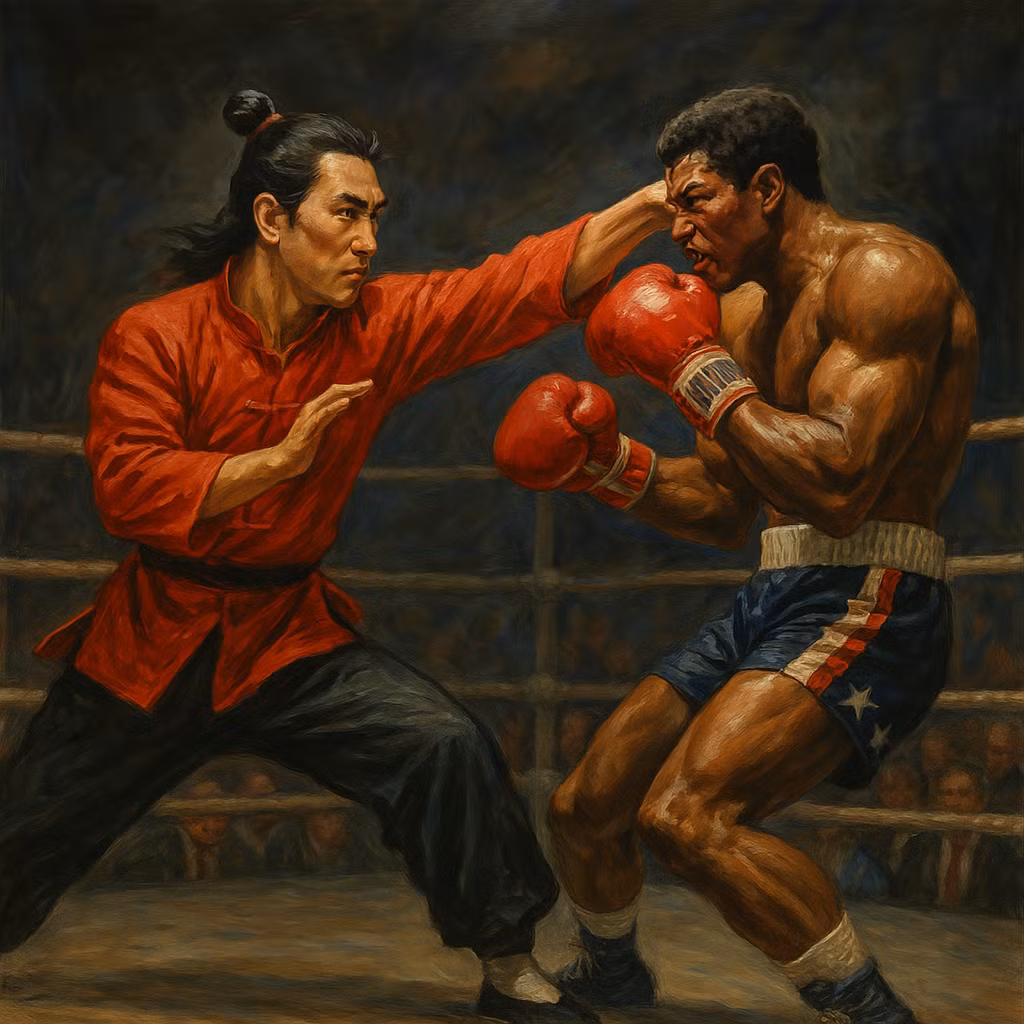 “Võ sĩ” Trung Quốc và “võ sĩ” Mỹ trên sàn đấu. Minh họa: Thái An.