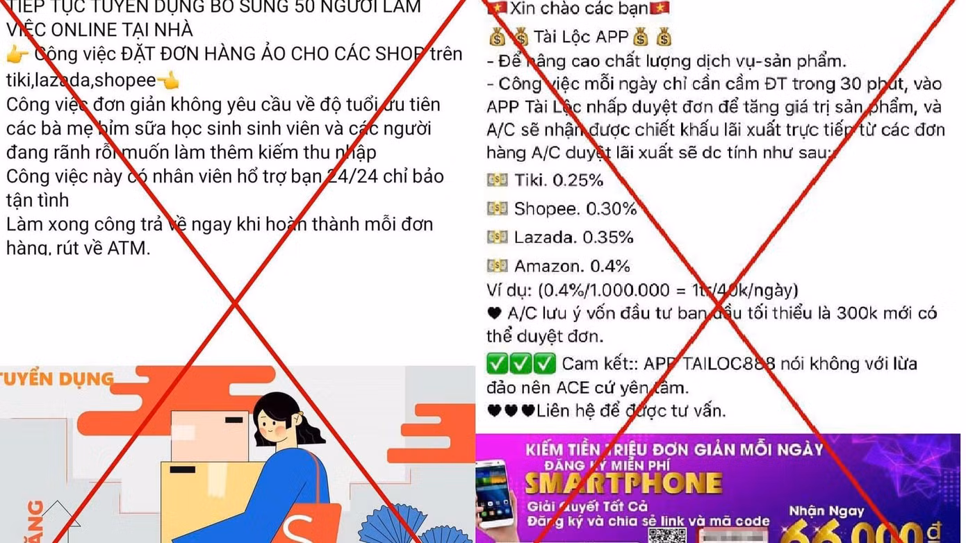 Những nội dung quảng cáo ứng dụng "giật" đơn hàng ảo có dấu hiệu lừa đảo chiếm đoạt tài sản xuất hiện nhan nhản trên mạng xã hội.