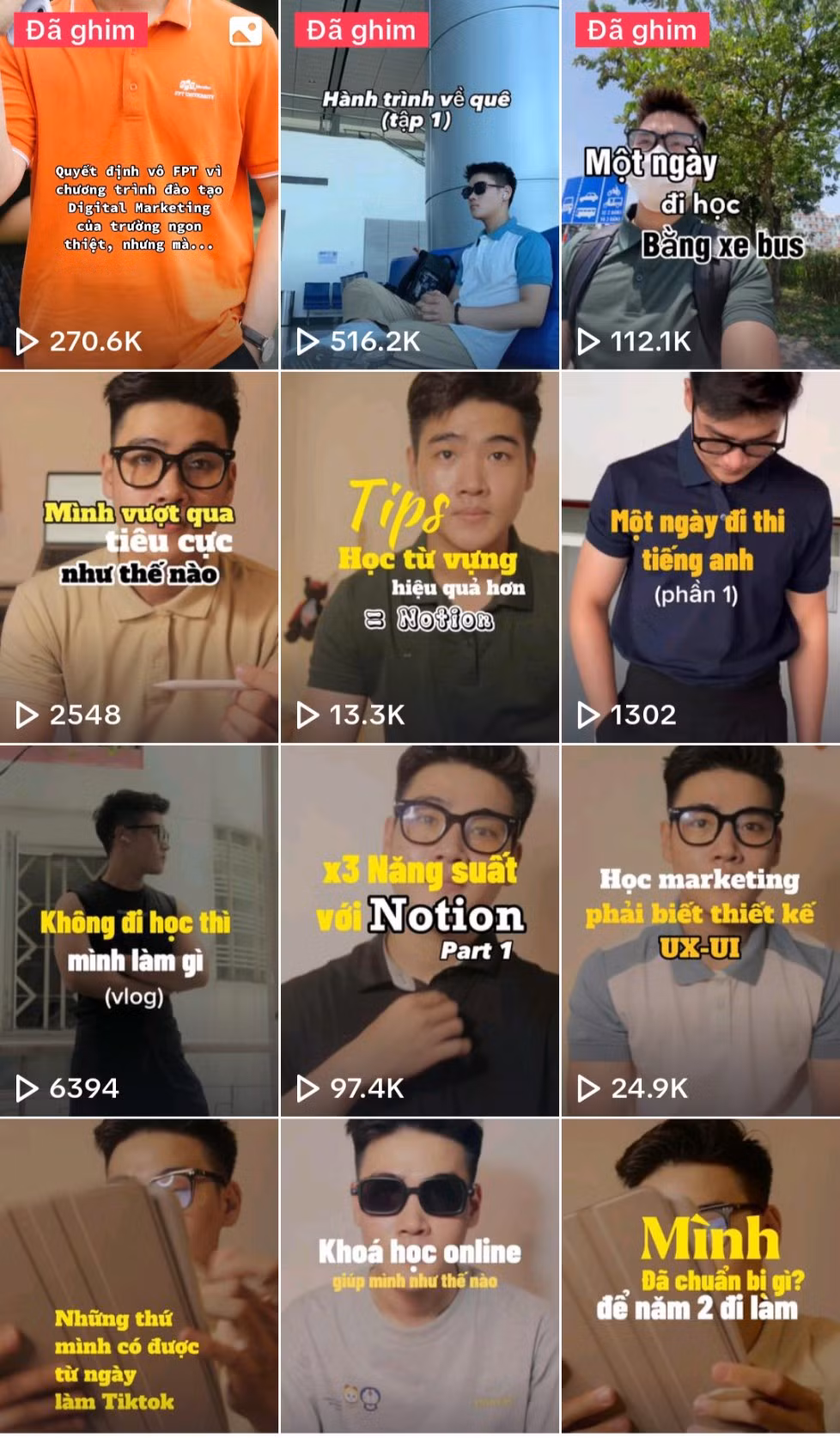 Kênh TikTok của Nguyên chủ yếu chia sẻ về bí kíp học tập và cuộc sống sinh viên.