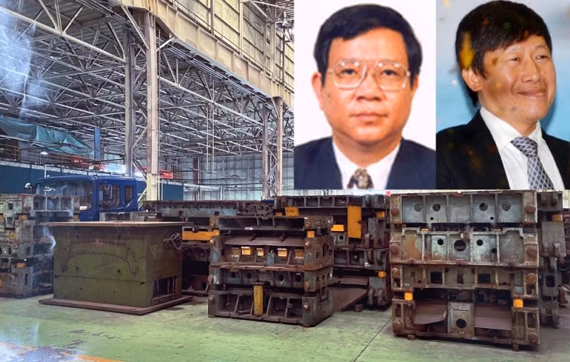 Hàng trăm bộ khuôn dập cabin ô tô được mua về nhưng “đắp chiếu” nhiều năm, gây lãng phí của Nhà nước (ảnh lớn) và hai bị can Giang, Tuấn.