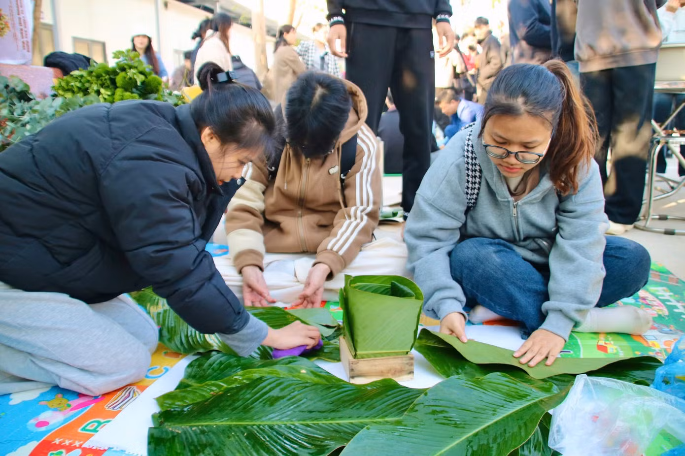 Sinh viên Trường Đại học Thành Đông tham gia Hội thi “Gói Bánh chưng - Trưng bày Mâm ngũ quả ngày Tết” năm 2025 (Nguồn: Trường Đại học Thành Đông).
