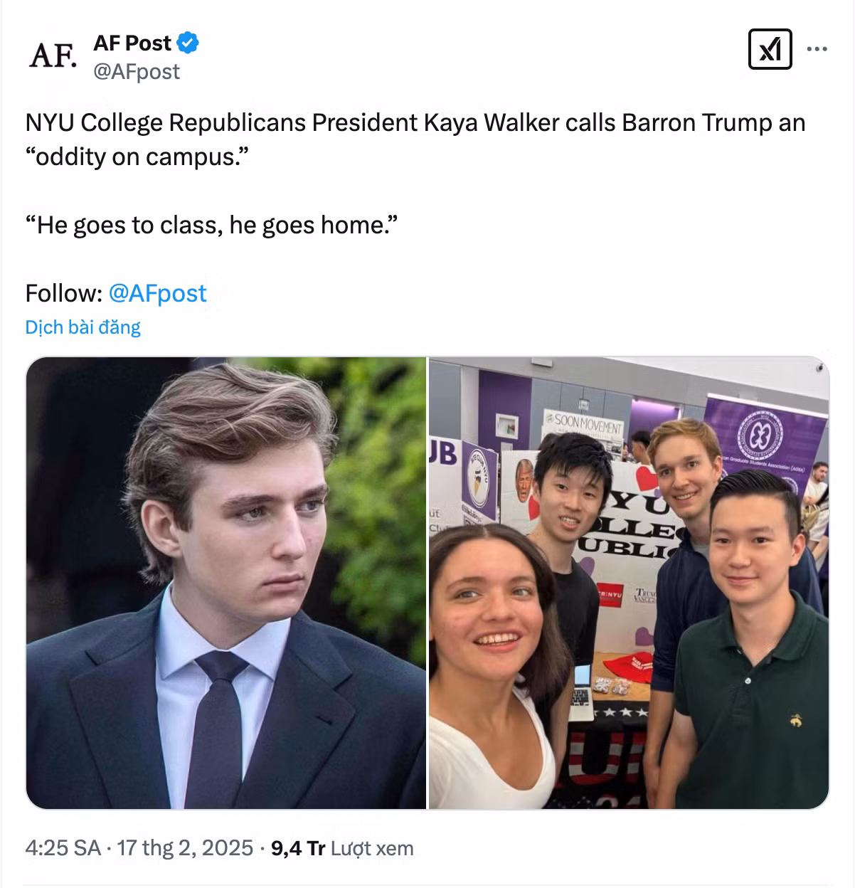 Bài đăng hút hơn 9,4 triệu lượt xem về Barron Trump của AF Post. Bài đăng hút hơn 9,4 triệu lượt xem về Barron Trump của AF Post.