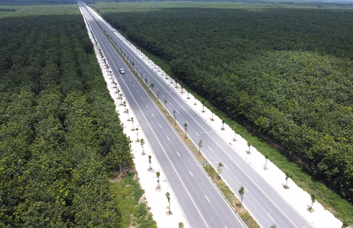 Tuyến đường trở nên thơ mộng nhờ hai bên là bạt ngàn cây cao su.