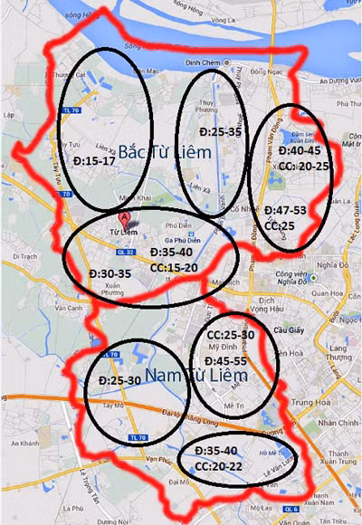 (Ghi chú: Đ - đất thổ cư triệu đồng/m2; CC -chung cư triệu đồng/m2 - Giá mang tính tham khảo ở mức trung bình). (Ghi chú: Đ - đất thổ cư triệu đồng/m2; CC -chung cư triệu đồng/m2 - Giá mang tính tham khảo ở mức trung bình)