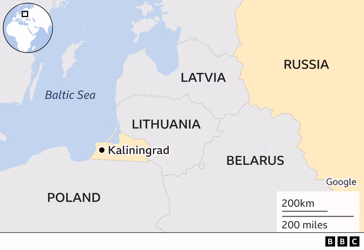 Kaliningrad nằm giữa Ba Lan và Lithuania. Đồ họa: BBC