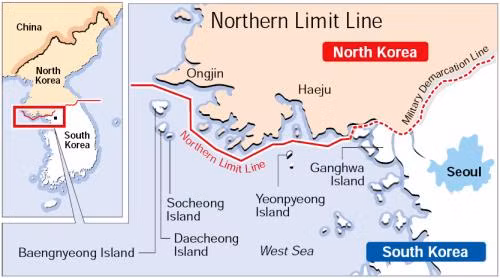 Đường giới hạn phía Bắc (NLL) màu đỏ. Ảnh: Korea Herald
