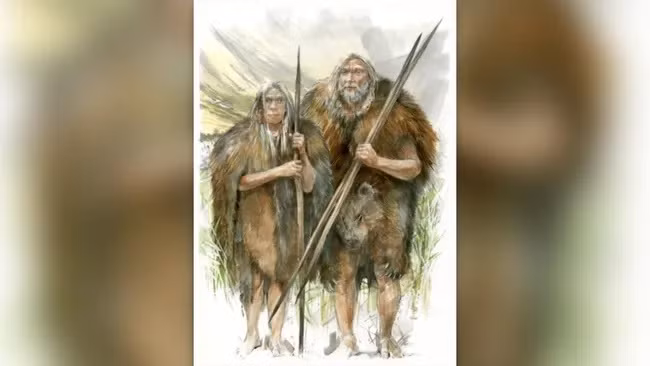 Minh họa về loài người Homo heidelbergensis, họ hàng của con người hiện đại, đang mặc da gấu hang động để chống lại cái lạnh. (Ảnh: Benoît Clarys/Đại học Tübingen)