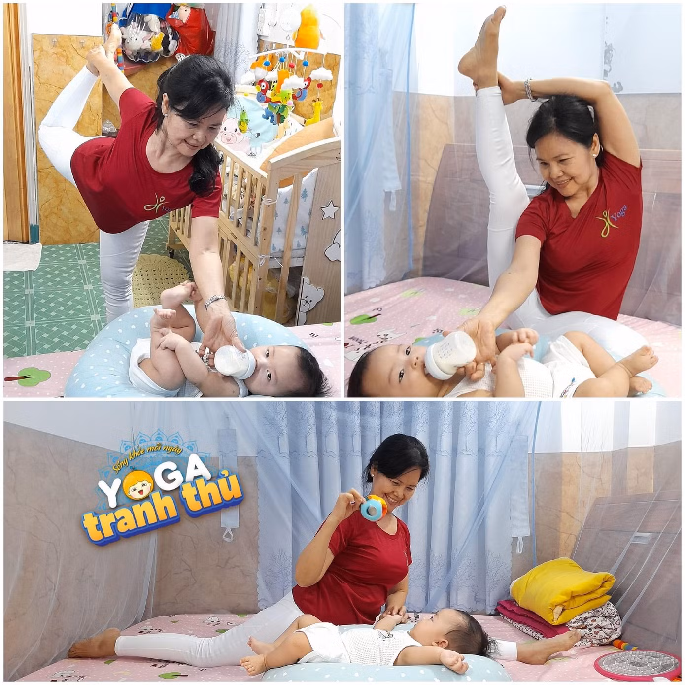 Vừa trông cháu, bà vừa tranh thủ yoga
