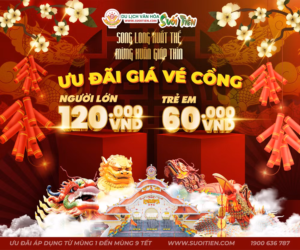 Từ Mùng 1 đến hết Mùng 9 Tết, Suối Tiên ưu đãi 20% giá vé vào cổng - Người lớn chỉ còn 120 ngàn đồng và trẻ em chỉ 60 ngàn đồng.