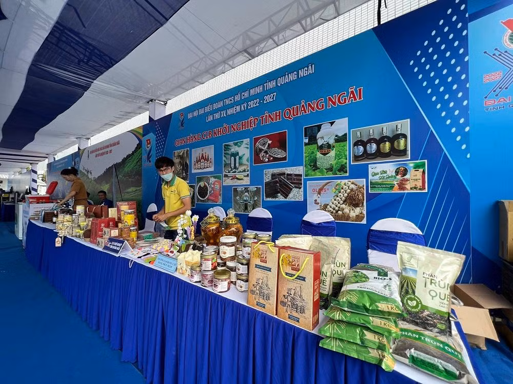 Gian hàng trưng bày sản phẩm thanh niên khởi nghiệp của 12 đơn vị (12 huyện, thị, thành đoàn, đoàn trực thuộc và Câu lạc bộ Thanh niên khởi nghiệp của tỉnh Quảng Ngãi) với 25 sản phẩm, tiêu biểu như: Các sản phẩm từ tỏi (tỏi, tỏi đen, cao tỏi đen, rượu tỏi, bột tỏi); Măng tây hữu cơ; Quế Trà Bồng; Các sản phẩm nấm đông trùng hạ thảo; rượu nếp,…
