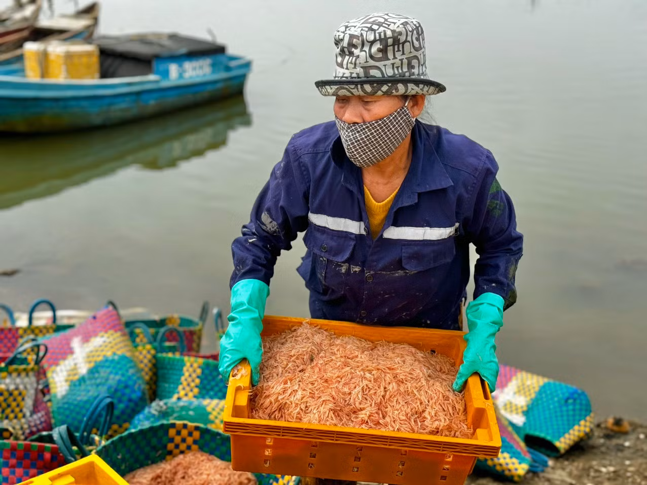 Những thùng ruốc đỏ au, tươi rói nhanh chóng được ngư dân kéo từ thuyền lên bờ cân bán cho thương lái. Ảnh: Nguyễn Ngọc