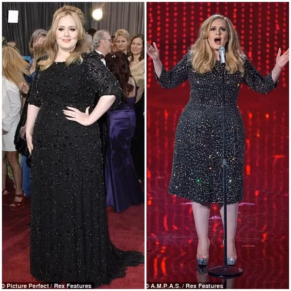 Hai bộ váy trong phần trình diễn của Adele tại lễ trao giải Oscar làm cô thon thả hơn rất nhiều