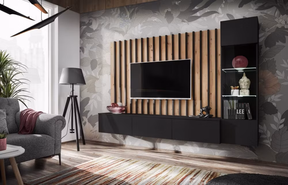 Nhựa giả đá hoặc đá tự nhiên là vật liệu thường được sử dụng khi thiết kế vách tivi theo phong cách hiện đại.
