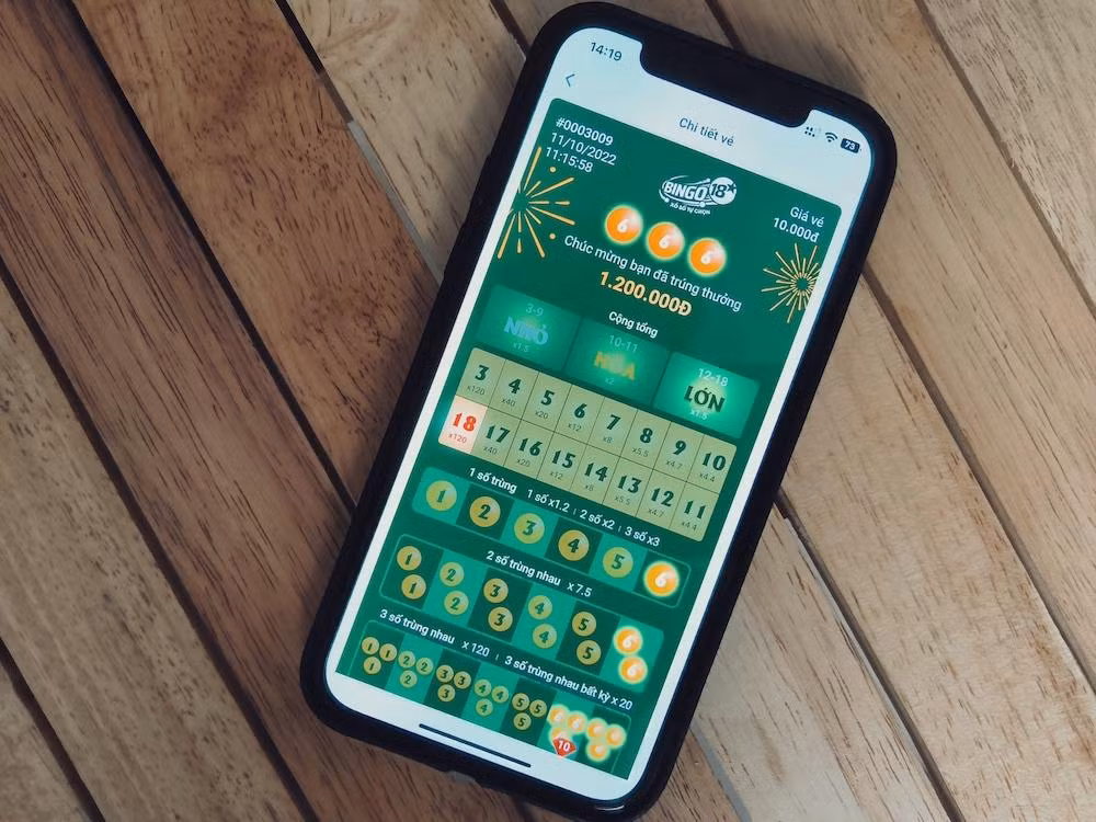 Thông báo trả thưởng 1,2 triệu đồng cho một vé Bingo18 dự thưởng 10.000 đồng.