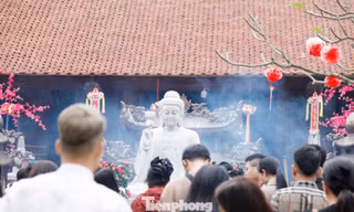 Học sinh thích thú với tranh Đông Hồ. Ảnh: Nguyễn Thắng
