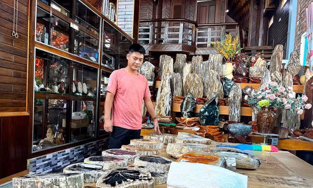 Các sản phẩm gỗ hóa đá được anh Thành trưng bày tại quán cà phê