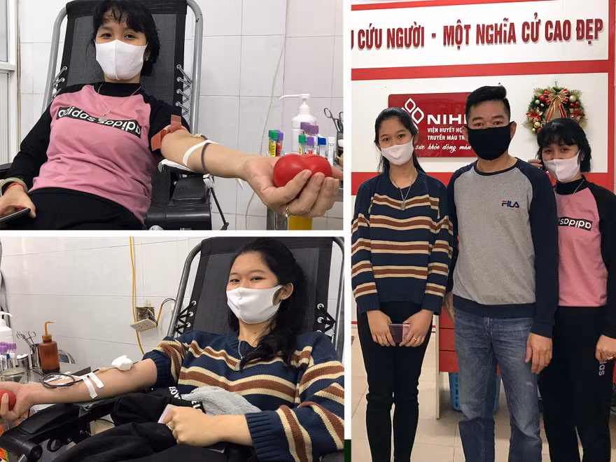 Gia đình chị Bình hiến máu tại Viện Huyết học và Truyền máu Trung ương ngày 7/4