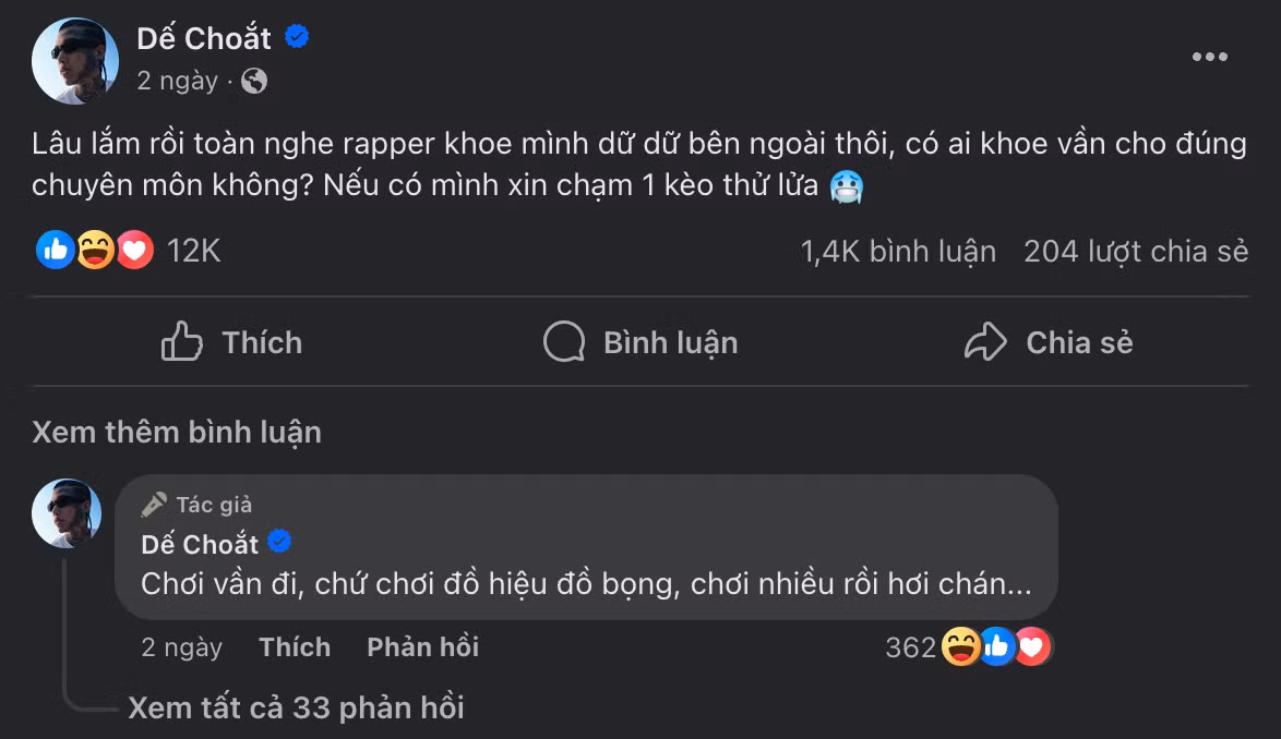 Bài đăng của Dế Choắt khiến cộng đồng rap dậy sóng.