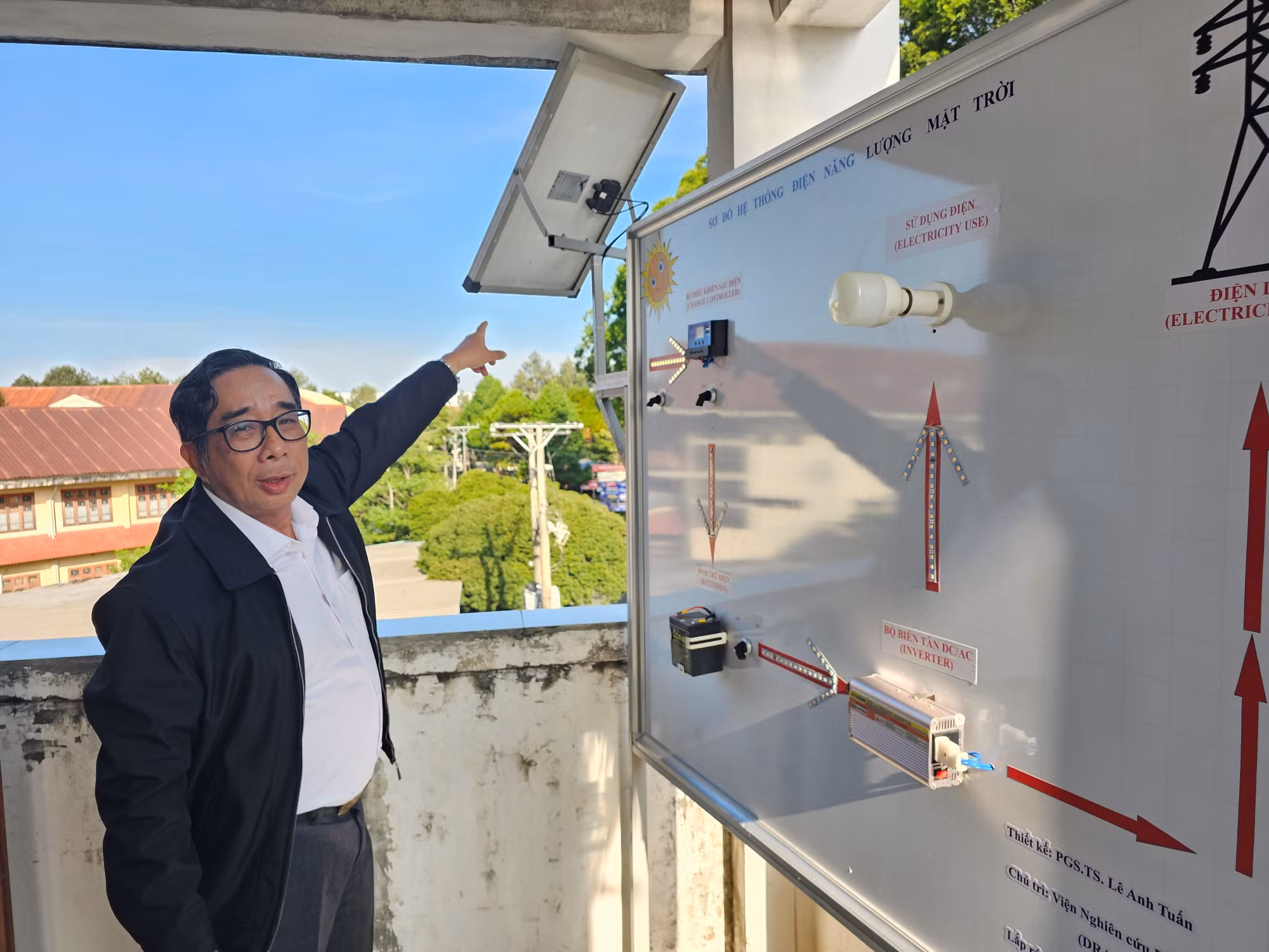 PGS.TS Lê Anh Tuấn mô phỏng sơ đồ hệ thống điện năng lượng mặt trời. Ảnh: Hòa Hội.