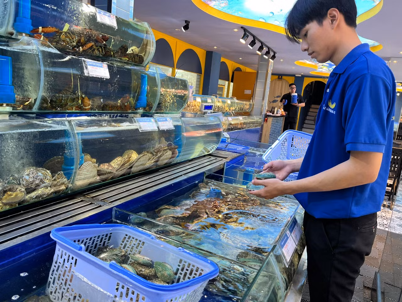 Một cửa hàng hải sản cao cấp mở cửa phục vụ xuyên Tết, bao chế biến để khách hàng thưởng thức hoặc thết đãi bạn bè, người thân trong những ngày này.