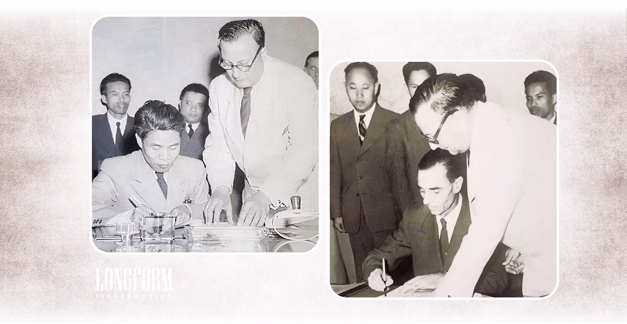 Thứ trưởng Bộ Quốc phòng Tạ Quang Bửu, Đại diện Bộ Tư lệnh QĐND Việt Nam và Tướng Đen-Tây, đại diện Bộ Tư lệnh các lực lượng vũ trang Pháp ký Hiệp định Giơ-ne-vơ. Ảnh: T.L