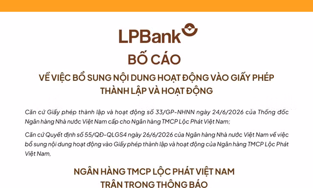 LPBank bố cáo về việc bổ sung nội dung hoạt động vào Giấy phép thành lập và hoạt động