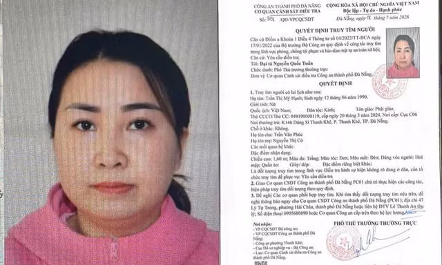 Công an TP Đà Nẵng đã phát thông báo truy tìm Trần Thị Mỹ Hạnh để phục vụ công tác điều tra