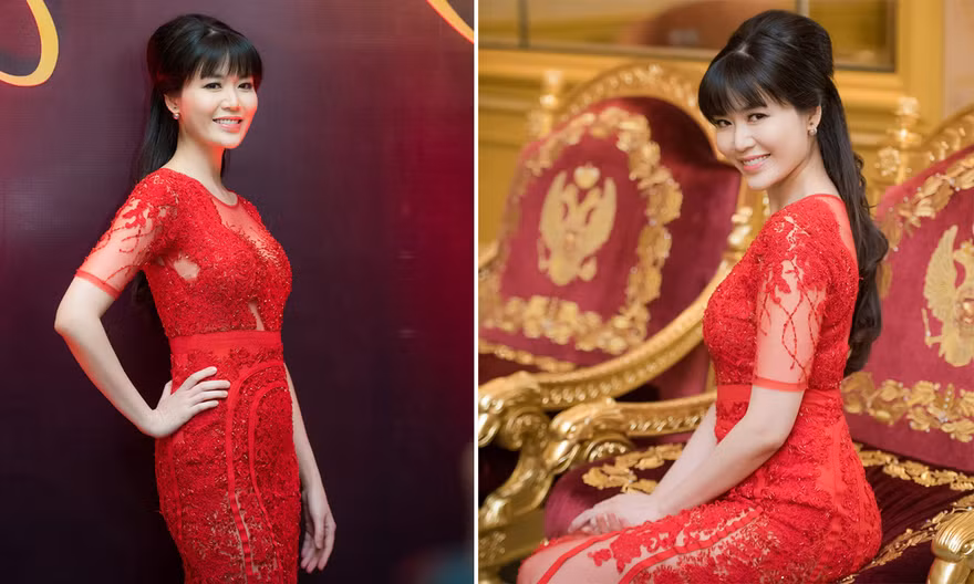 Hoa hậu Thu Thủy quyến rũ với váy ren đỏ